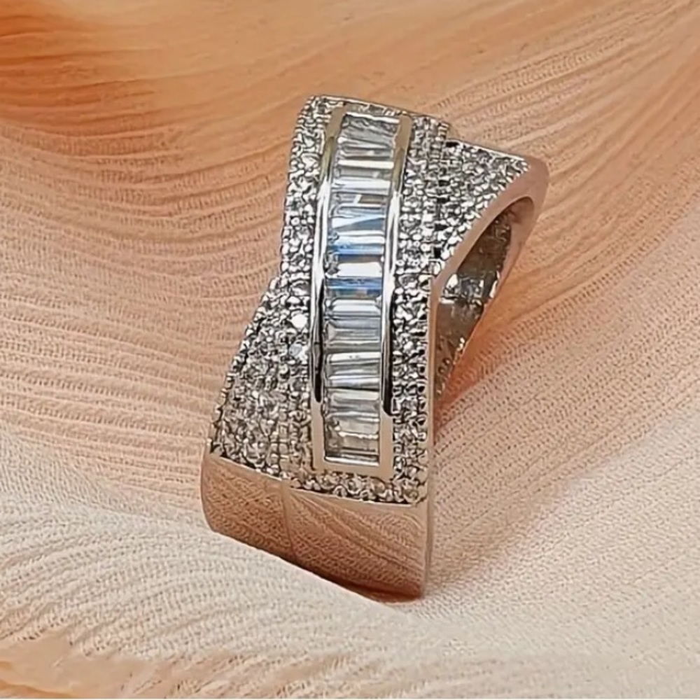 Baguette Cut Zirconia Large Silver Stainless Steel Criss Cross Cocktail Ring.